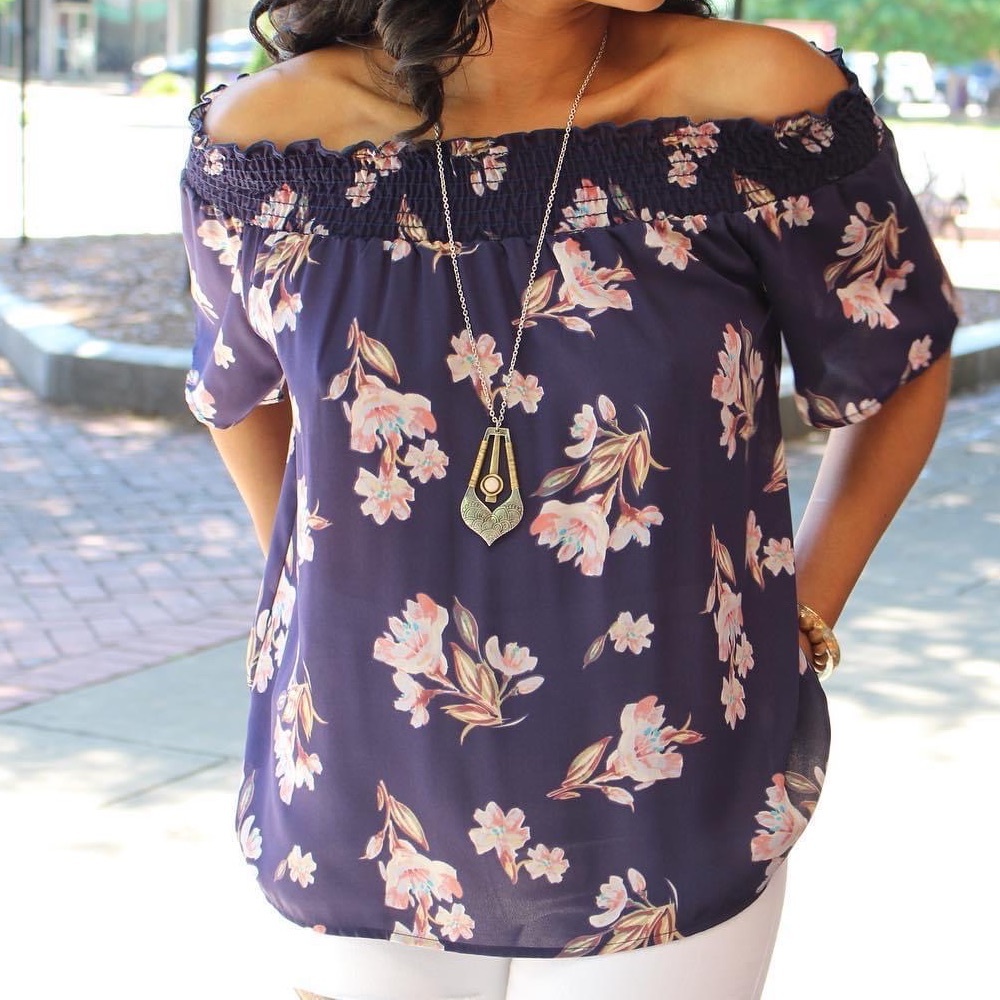 Blue flower off shoulder top
